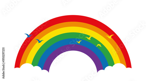 A vibrant, colorful rainbow arching across a clear sky with small birds flying around it and fluffy white clouds at its base, symbolizing hope and joy.