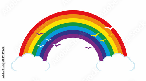 A colorful rainbow arching over fluffy white clouds with small birds flying in a clear sky, symbolizing hope and nature's beauty.