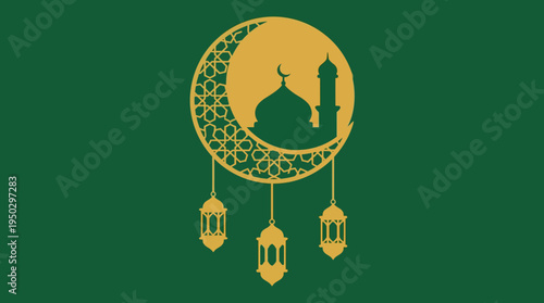 Golden crescent moon with mosque silhouette and hanging lanterns on a dark green background, symbolizing Islamic celebration.