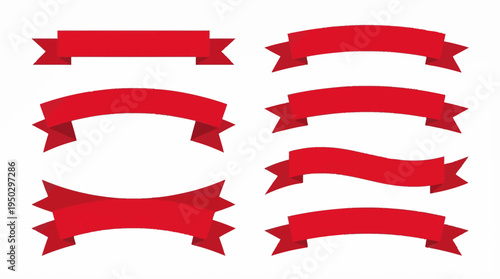 Collection of various red ribbon banners and scrolls in different shapes and styles, isolated on a white background, perfect for graphic design elements.