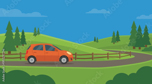Orange car driving on a winding road through a picturesque green hilly landscape with trees and a wooden fence.