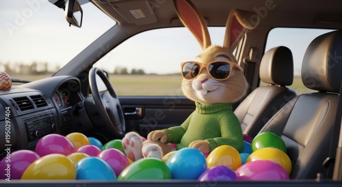 A cheerful easter bunny wearing sunglasses sitting in a car filled with colorful easter eggs