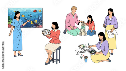 Art of Education: A group of individuals deeply involved in teaching and learning. The scene is alive with diverse forms of education, encompassing both formal and informal methods.