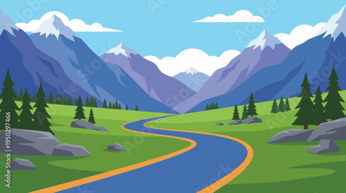 A vibrant cartoon illustration of a winding blue river flowing through a lush green valley with majestic snow-capped mountains under a clear blue sky.