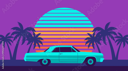 Retro synthwave sunset with a classic teal car and palm trees, evoking an 80s aesthetic and a sense of nostalgic travel.