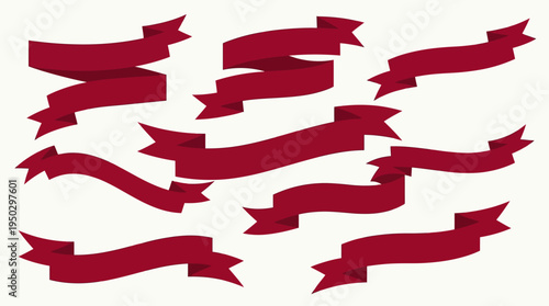 A collection of various red ribbon banners and decorative elements for graphic design.