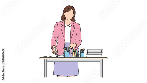 Teacher's Workspace: A teacher stands attentively behind a desk, surrounded by organized stationery, books, and tools of her profession, creating a sense of prepared and dedication.