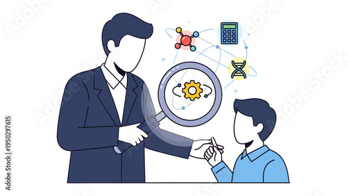 Knowledge Transfer Illustration: A graphic illustrating the exchange of knowledge. A mentor figure shares insights with a student, with concepts and symbols indicating learning and mentorship. 