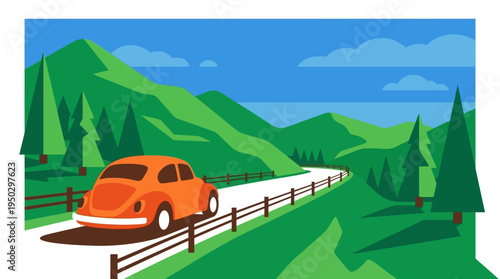 An orange car drives along a winding road through green mountains and forests under a blue sky, an illustration of a scenic road trip.