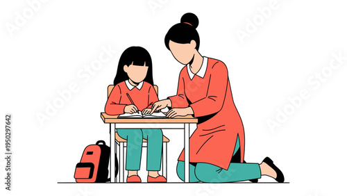 Guiding Light: A compassionate teacher leans over a student, gently pointing to a word, symbolizing dedication and guidance