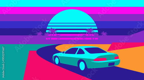 Retro-futuristic synthwave art featuring a teal car driving on a vibrant road towards a striped sunset with palm trees.