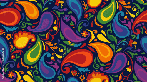 Vibrant and colorful paisley pattern with intricate floral motifs on a dark blue background, creating a retro psychedelic design.