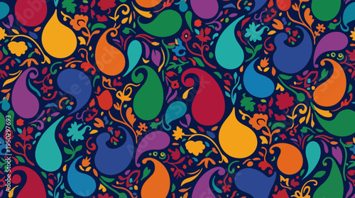 Vibrant and intricate seamless paisley pattern with colorful teardrop shapes and floral elements on a dark background.