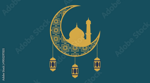 Golden crescent moon with mosque silhouette and hanging lanterns on a teal background, symbolizing Islamic celebration.