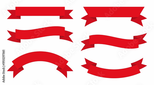 A collection of six red ribbon banners in various shapes and styles, isolated on a white background, perfect for design elements.