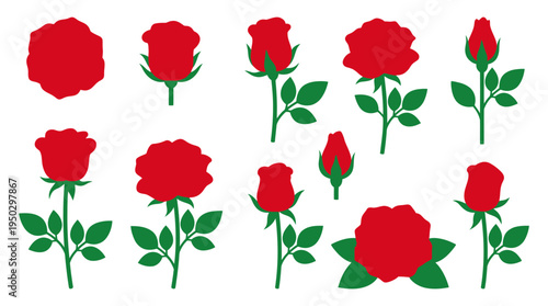 Collection of red rose silhouettes showing different stages of bloom from closed buds to fully open flowers with green stems and leaves.