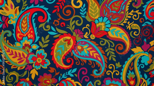 Vibrant and intricate paisley pattern with colorful floral and teardrop motifs on a dark blue background, showcasing a rich bohemian design.
