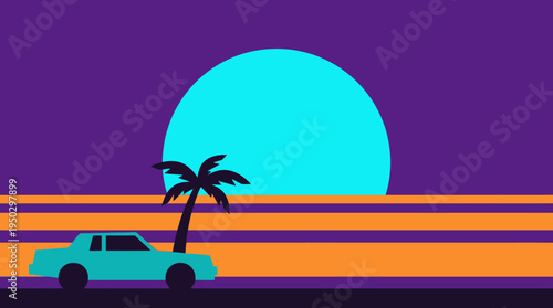 Stylized retro 80s synthwave landscape with a teal car, palm tree, and large cyan sun against a purple sky and orange horizon.