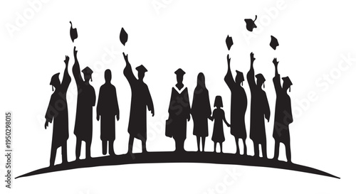 Silhouette of graduate students celebrating and throwing caps in the air