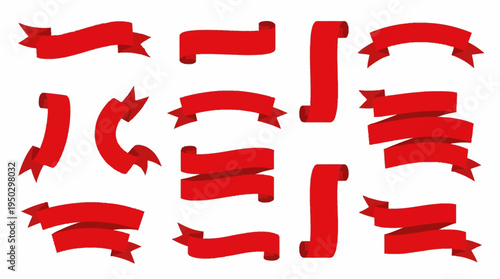 A collection of red ribbon banners and decorative elements in various shapes and styles, isolated on a white background, perfect for design projects.