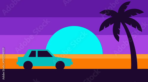 Retro-style illustration of a teal car driving past a palm tree with a large blue sun setting over a striped purple and orange sky, evoking a synthwave aesthetic.
