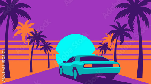 A vibrant retro synthwave illustration featuring a teal muscle car driving on a road towards a large turquoise sun, flanked by silhouetted palm trees against a purple and orange striped sky.