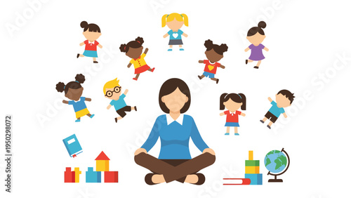 Educator's Circle of Influence: An educator surrounded by a diverse array of children, symbolizing the nurturing environment of learning and growth.