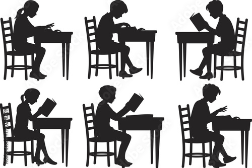 Children studying at desk silhouettes collection, black education vector illustration isolated on white background for school design