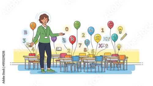 Learning Space with an Inspiring Mentor: A dedicated mentor stands within a cheerful, engaging classroom, symbolizing guidance and the power of knowledge and learning.