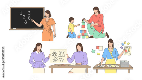 Education and Nurturing: A set of scenes depicting the essence of teaching and nurturing through various activities, from academics to creative play.