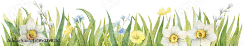 Watercolor floral banner with spring flowers and green grass. Design for cards, invitations, postcards, packaging, textiles. Hand drawn illustration.