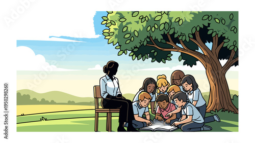 Illustrated Storytime Under the Shade: An educator shares a storybook with a group of diverse children under the nurturing shade of a grand tree in a serene outdoor setting. A scene of connection.