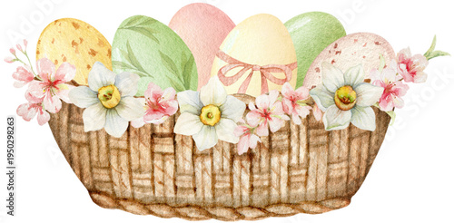 Easter watercolor basket with ggs and flowers. Design for  banner, invitations, cards, postcards, packaging. Hand drawn illustration.