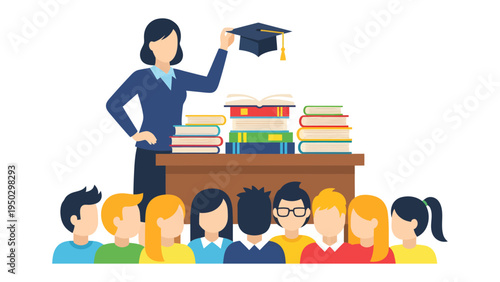 Teacher inspiring the students: The illustration portrays a teacher, poised at a desk laden with books, encouraging a group of students.