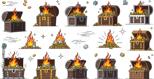 Flat line vector illustration set of open treasure chests with gold coins gems and fire for fantasy game reward loot and adventure design