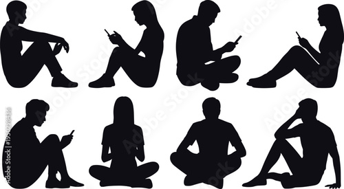 Set of black vector silhouettes of young people sitting and using smartphones or mobile devices isolated on white background for digital addiction concept