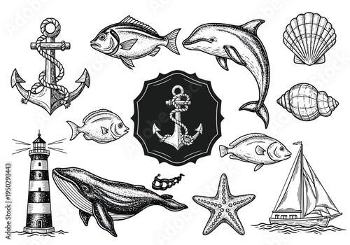 Vintage Engraved Marine Life and Nautical Elements Vector Set with Anchor, Lighthouse, Fish, Dolphin, Whale, Shells, Starfish, and Sailboat for Ocean-Themed Designs