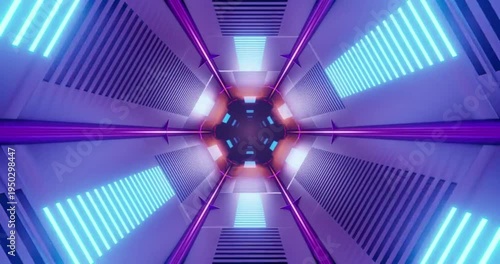 Seamless Loop of Futuristic Hexagonal Sci-Fi Tunnel with Neon Blue and Purple Lights