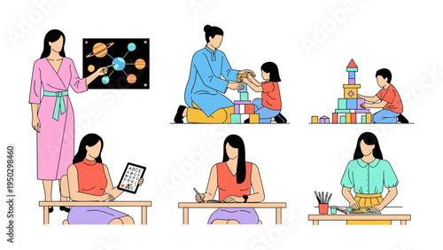 Teaching Moments: Depicting various scenes of a teacher guiding young minds. A range of teaching methods from the classroom, helping children with blocks to drawing.