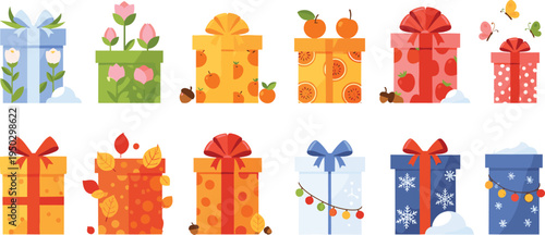 Flat vector illustration set of seasonal gift boxes with flowers fruits autumn leaves and snowflakes for year round holiday celebration and retail marketing designs