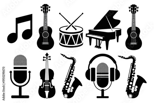 Collection of various musical instruments and audio equipment icons in a solid black silhouette style Vector