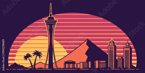 Las Vegas sunset skyline vector featuring the Stratosphere Tower, Luxor Pyramid, and casino skyline