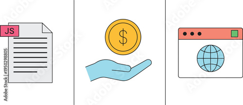 Vector icon set featuring JavaScript code file hand holding dollar coin and global web browser for fintech development
