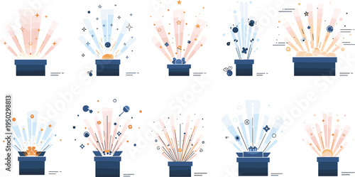 Flat line vector illustration set of magic gift boxes with light rays and stars exploding for digital reward mystery prize and win celebration design