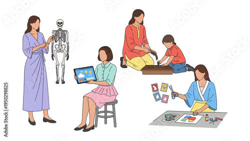 Education and Creativity: a collection of illustrations depicting various educational activities. One focuses on science through a skeleton model, another explores digital technology.