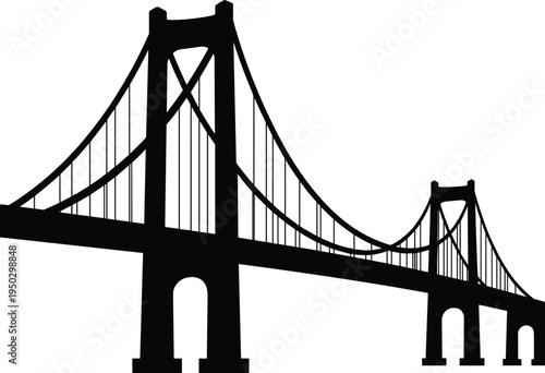 Black silhouette of a suspension bridge isolated on white background for architectural engineering city skyline travel and infrastructure development project concept design