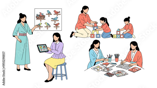 Educator's Diverse Role: A depiction of an educator engaging in various activities - from guiding learning, collaborative building, digital interaction and creative expression. 