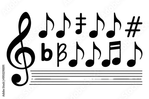 Collection of various musical notation symbols including a treble clef and stave staff lines Vector