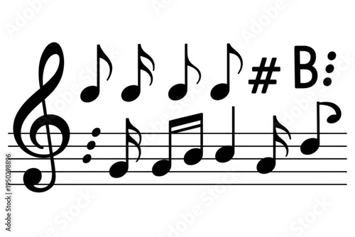A collection of various black musical notes and symbols arranged on a traditional music staff line Vector