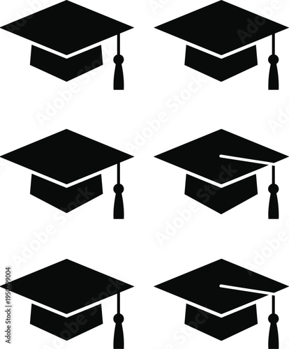 Vector collection of black graduation cap silhouettes with tassels isolated on white background for academic achievement university commencement and student education graphic design elements